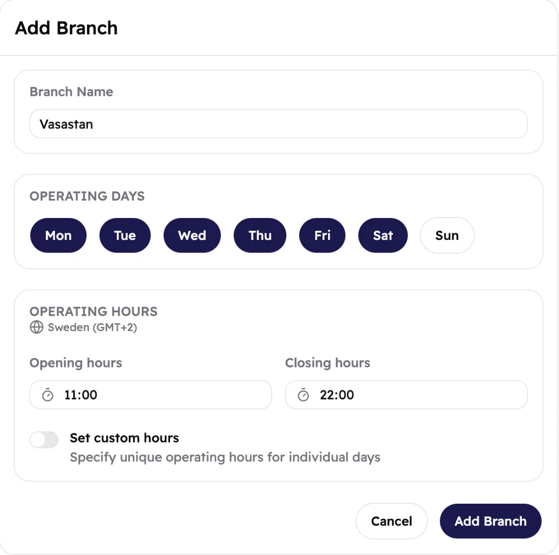 The Add Branch form for Vasastan: open Monday to Saturday, from 11:00 to 22:00.