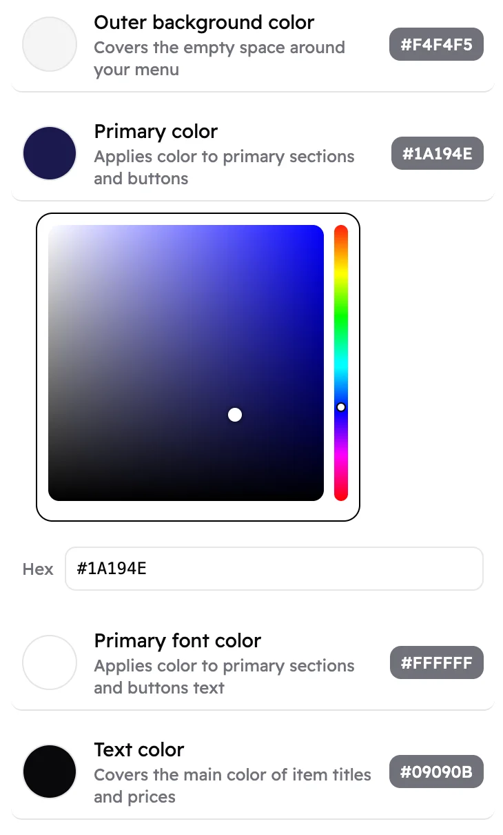 Brand colors with Primary color open: a color picker and a Hex box showing #1A194E.
