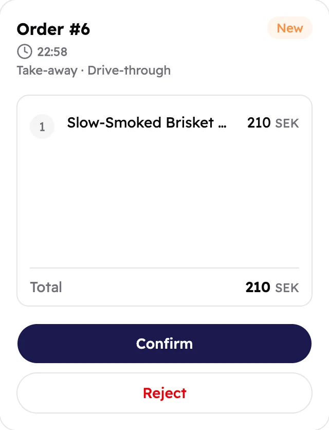 A new order with Confirm and Reject buttons.