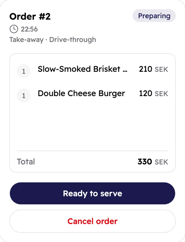 An order being prepared, with Ready to serve and Cancel order buttons.