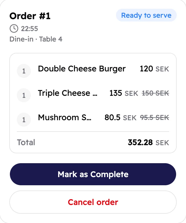An order ready to serve, with Mark as Complete and Cancel order buttons.