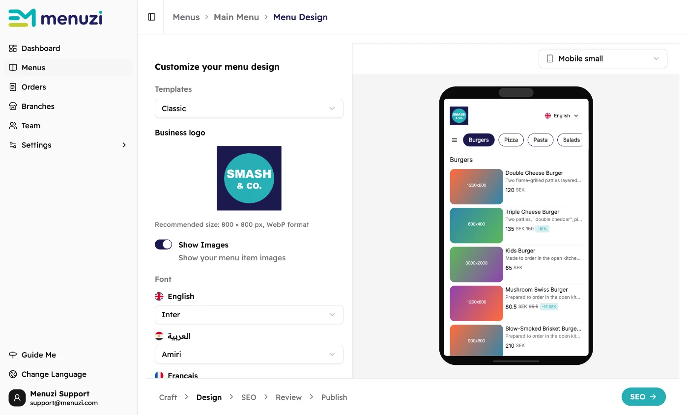 The Design screen: Templates, Business logo, Show Images and Font on the left, and a live phone preview of the menu on the right.