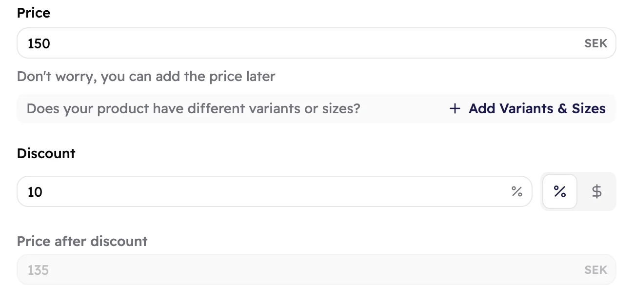 The price of 150 SEK, a discount of 10 percent, and the price after discount of 135 SEK.