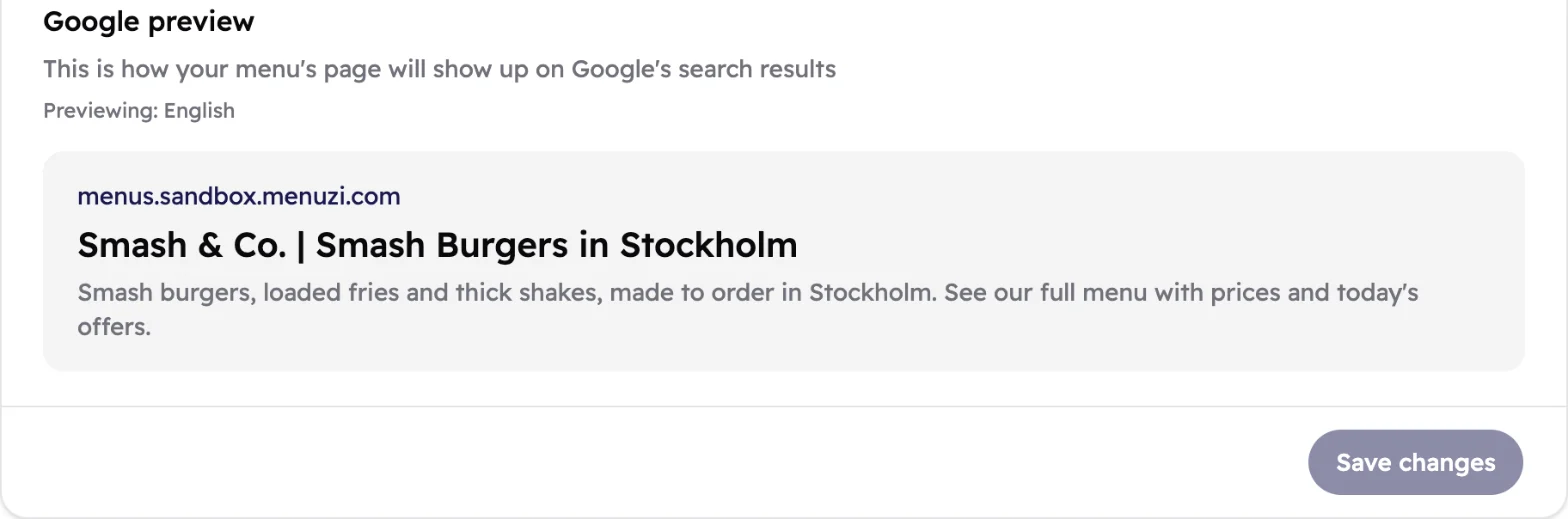 The Google preview showing the menu's address, headline and description, and a Save changes button.
