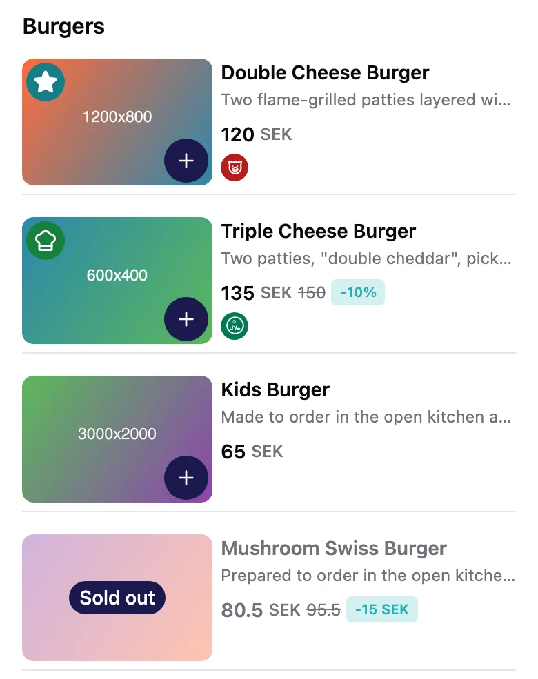 The guest's menu: Double Cheese Burger with a star on its photo and a pork icon under the price, and Triple Cheese Burger with a chef's hat and a halal icon.