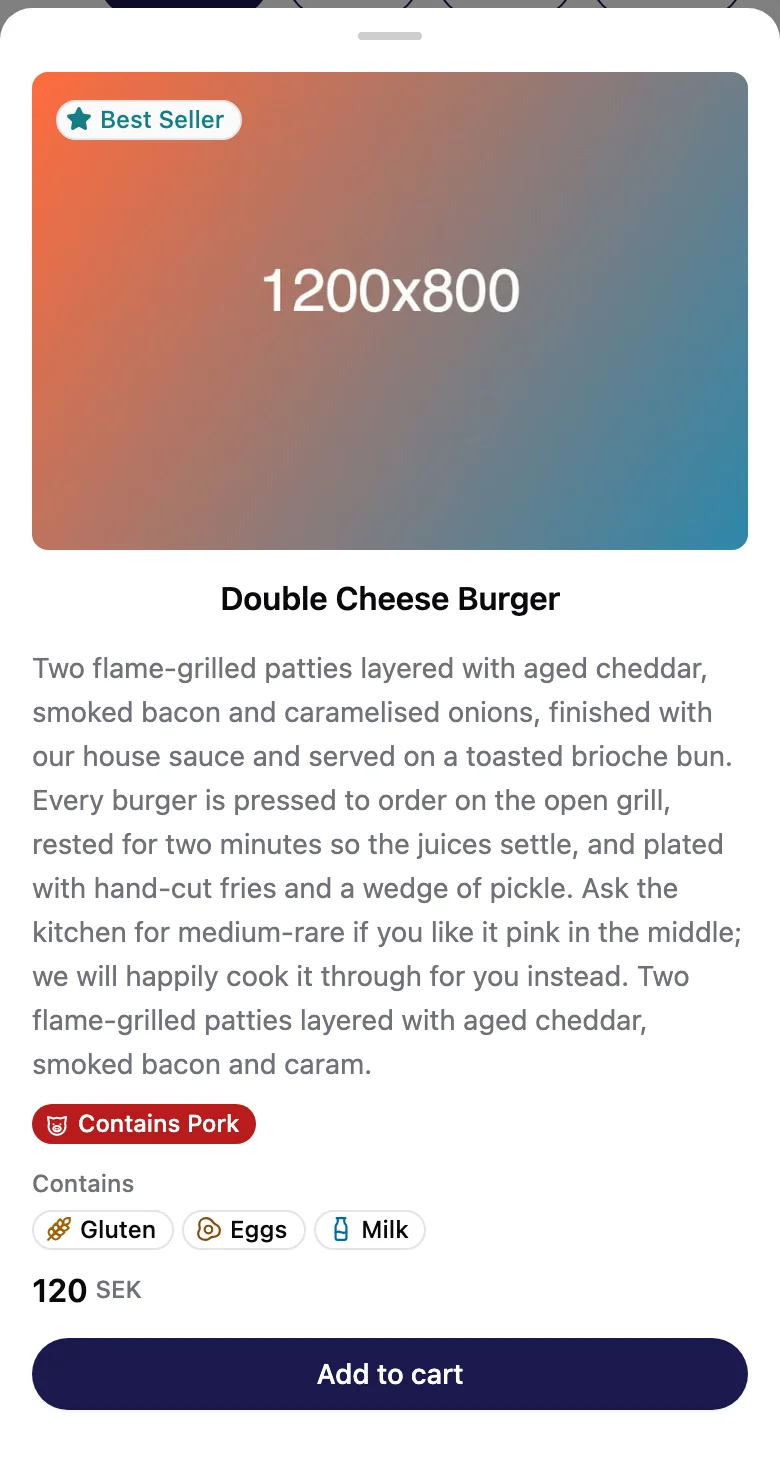 Double Cheese Burger opened on a phone: a Best Seller badge at the top, Contains Pork under the description, and Gluten, Eggs and Milk under Contains.
