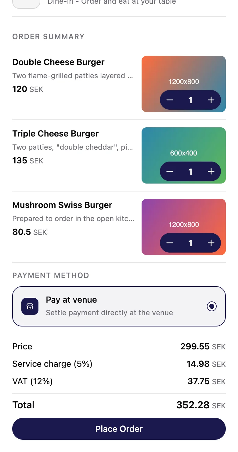 The order summary: three burgers, Pay at venue, the service charge, VAT and a Place Order button.