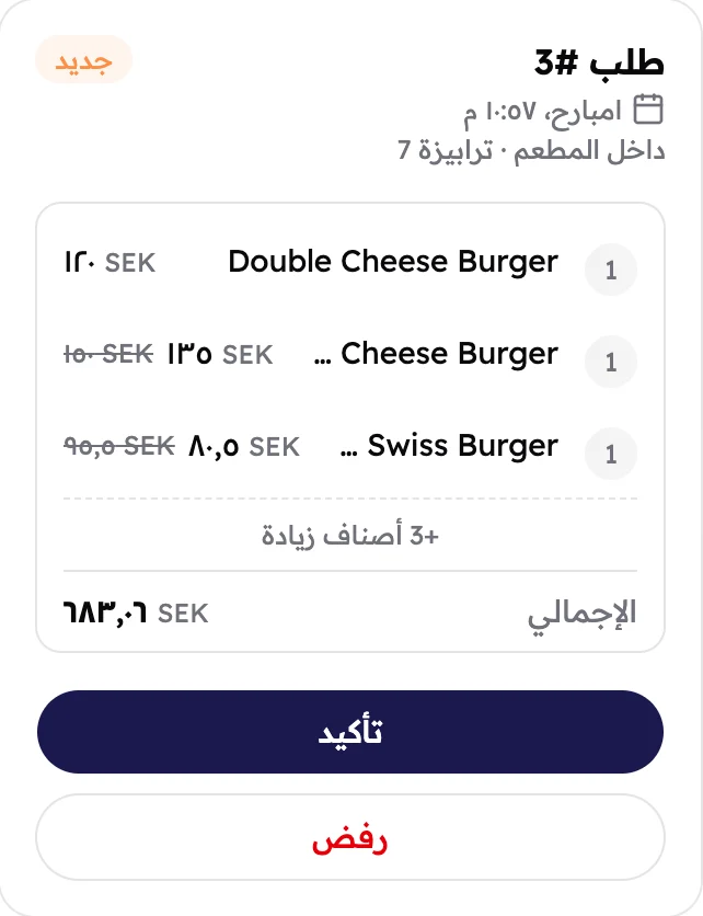 أوردر #3: أوردر جديد داخل المطعم لترابيزة 7، فيه 6 أصناف وإجماليه 683.06 SEK.