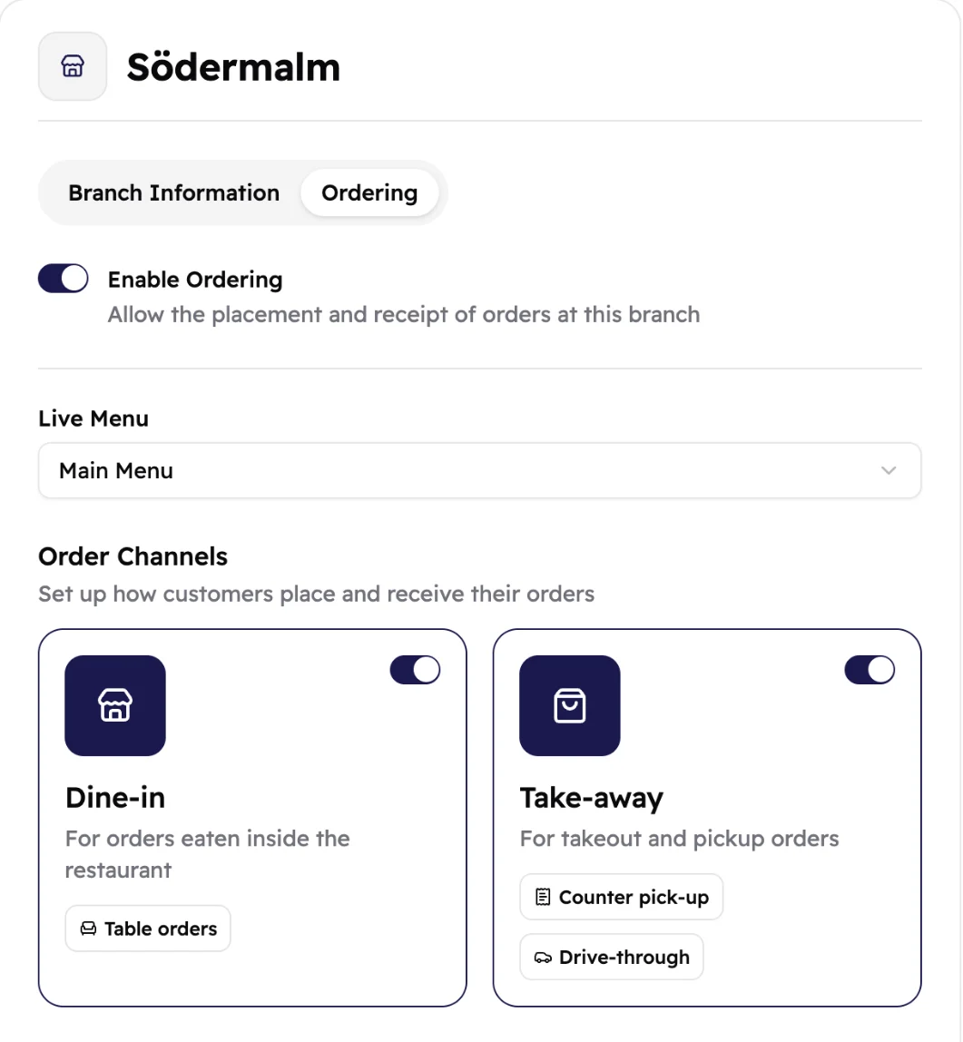 The Ordering tab of Södermalm: ordering on, Main Menu picked, Dine-in with table orders and Take-away with counter pick-up and drive-through.