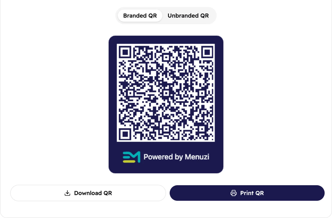 The Menu QR card with Branded QR selected, a QR code reading Powered by Menuzi, and Download QR and Print QR buttons.