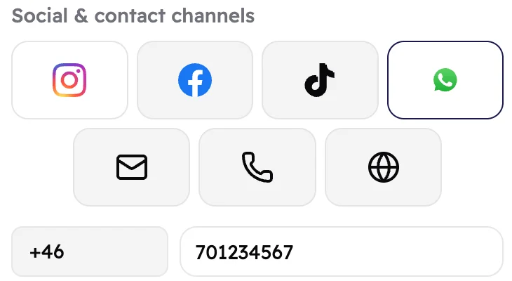 The seven channel tiles with WhatsApp selected, and a phone number box with the +46 country code.