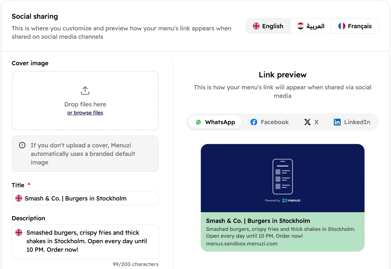 The Social sharing card on the English tab: cover image box, title and description on the left, and a WhatsApp link preview on the right.