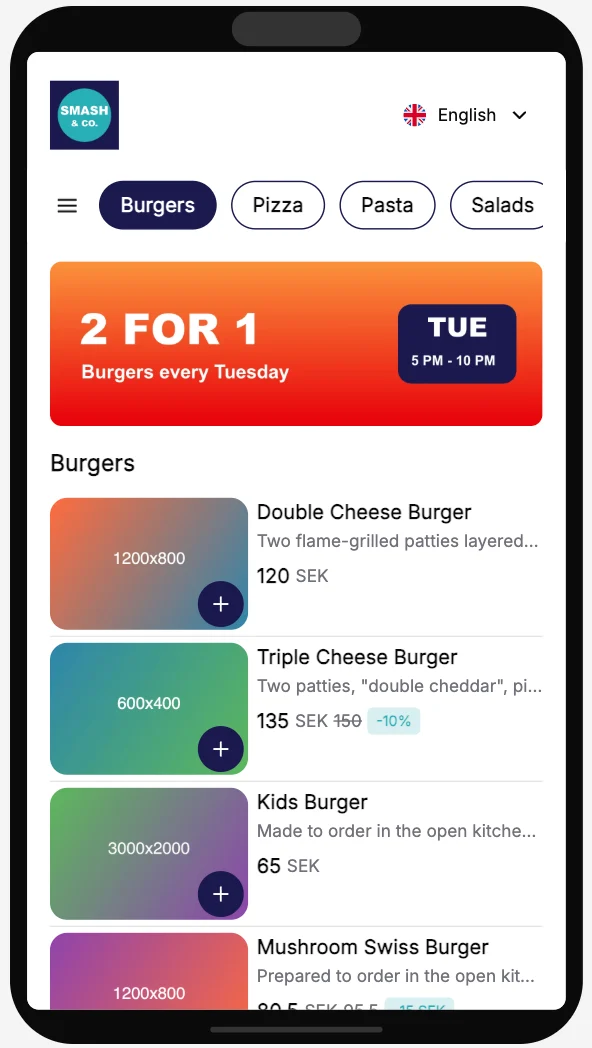 The menu preview on a phone with the 2 for 1 banner under the section tabs.