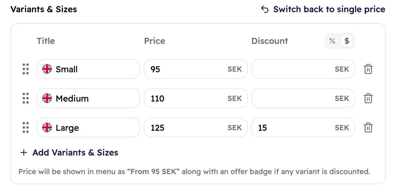 Three sizes filled in: Small 95 SEK, Medium 110 SEK and Large 125 SEK with a 15 SEK discount.